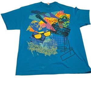 80s Teal Graphic Tee with Neon Pop Art Xl